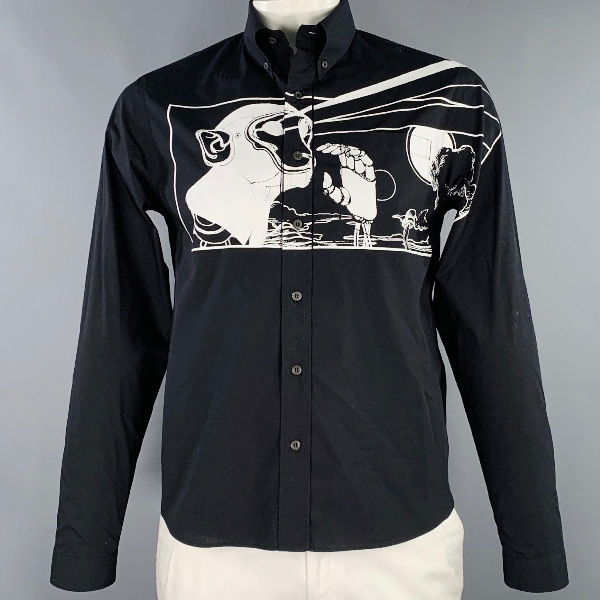 PRADA SS18 Size L James Jean Laser Monkey Black White Graphic Cotton Long Sleeve Shirt Sui Generis Designer Consignment