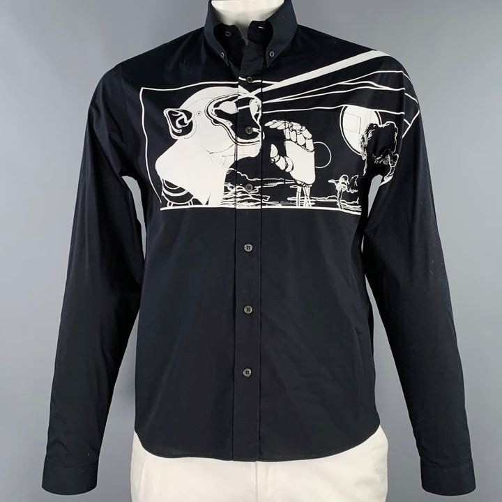 PRADA SS18 Size L James Jean Laser Monkey Black White Graphic Cotton Long Sleeve Shirt