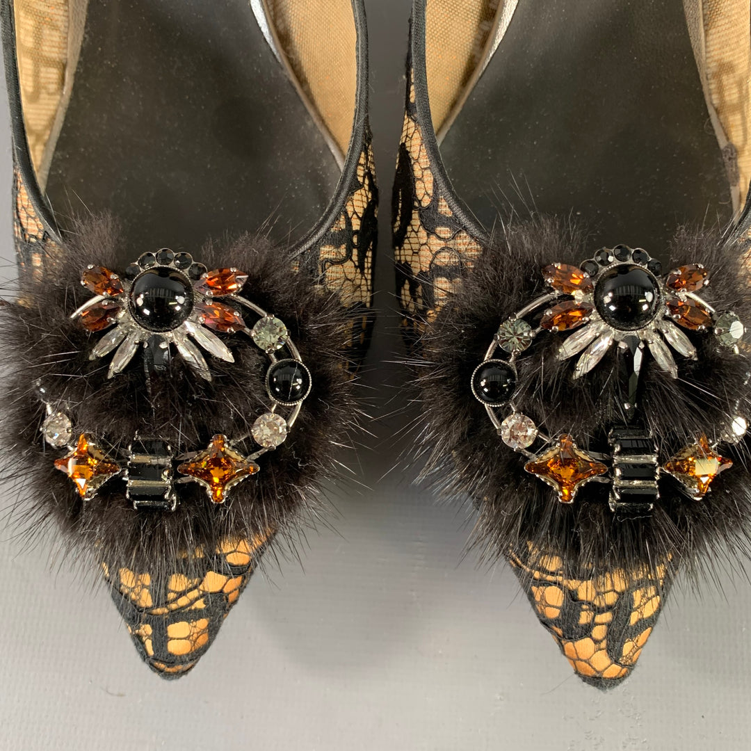 RENE CAOVILLA Size 10.5 Brown Black Lace Rhinestones Pointed Toe Stiletto Pumps