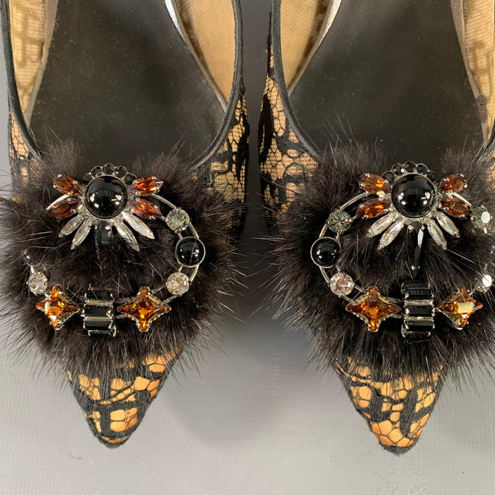 RENE CAOVILLA Size 10.5 Brown Black Lace Rhinestones Pointed Toe Stiletto Pumps