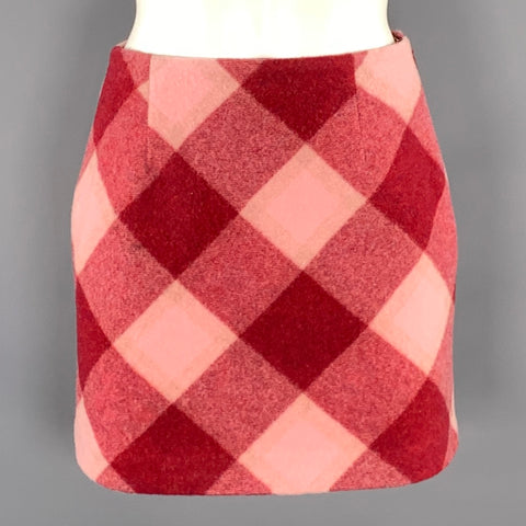 PINKO Size S Pink Burgundy Wool Blend Plaid High Waisted Mini Skirt