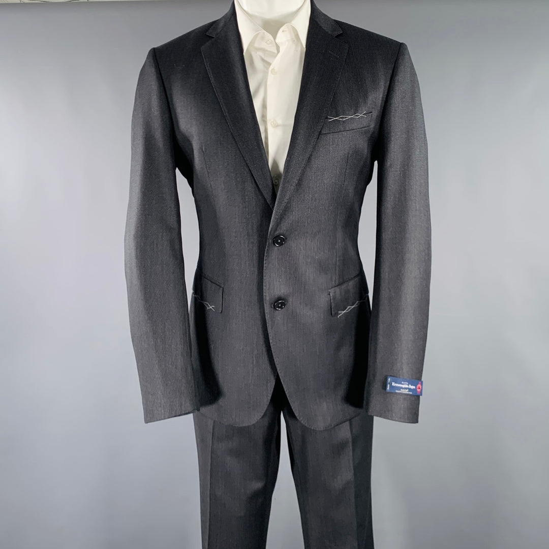 NEIMAN MARCUS Size 40 Grey Charcoal Nailhead Virgin Wool Suit