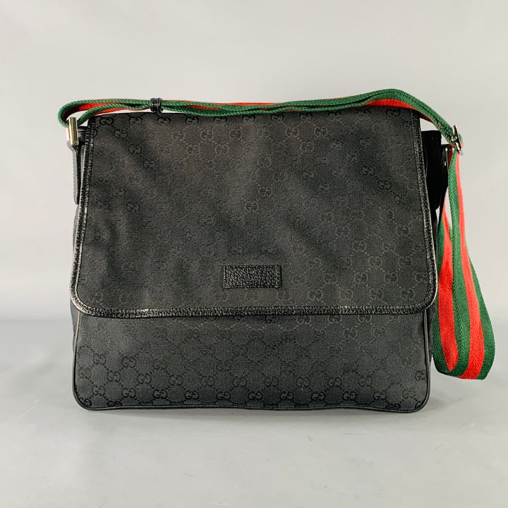 GUCCI Black Red Green Guccissima Monogram Web Canvas Messenger Bag