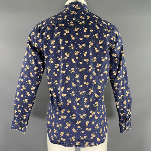 MACSON Size M Blue Multi-Color Floral Cotton Pointed Collar Long Sleeve Shirt