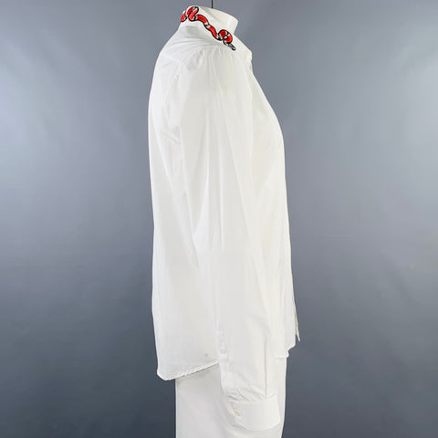GUCCI Size L White Red Snake Applique Cotton Button Up Long Sleeve Shirt