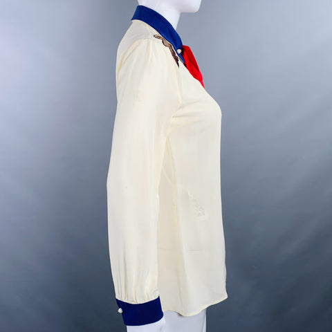 GUCCI Size 2 Cream Red Blue Silk Embellishment Pussybow Honeybees Blouse