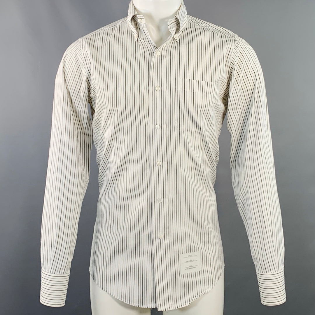 THOM BROWNE Size M White Grey Black Stripe Cotton One Pocket Long Sleeve Shirt