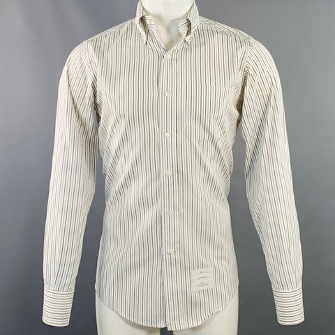 THOM BROWNE Size M White Grey Black Stripe Cotton One Pocket Long Sleeve Shirt