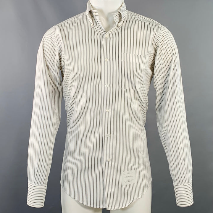 THOM BROWNE Size M White Grey Black Stripe Cotton One Pocket Long Sleeve Shirt