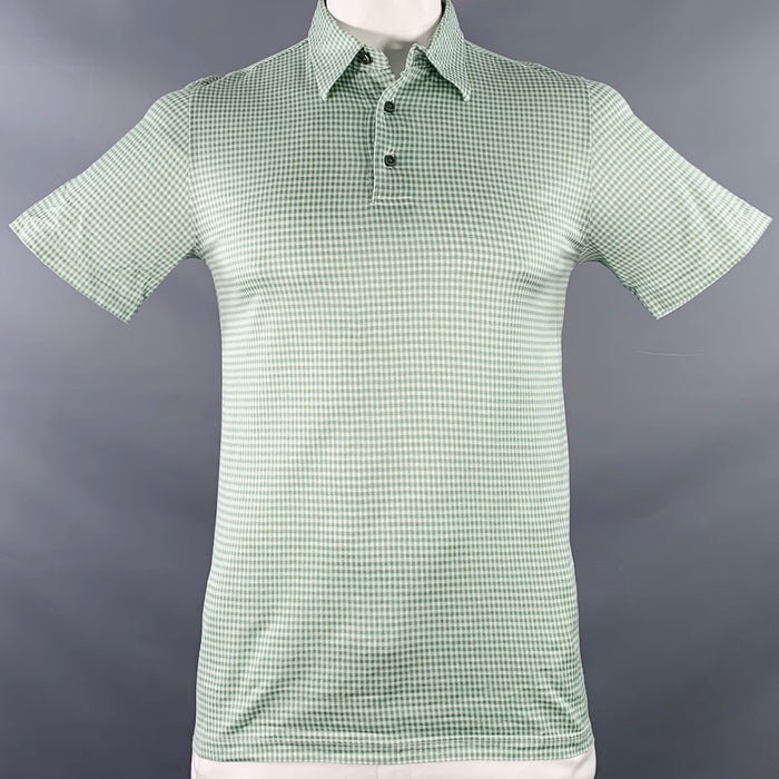 BRIONI Taille L Polo mi-patte en coton à carreaux vert et blanc
