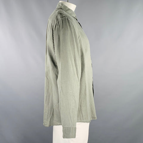 ONIA Size XL Green Olive Linen One Pocket Long Sleeve Shirt