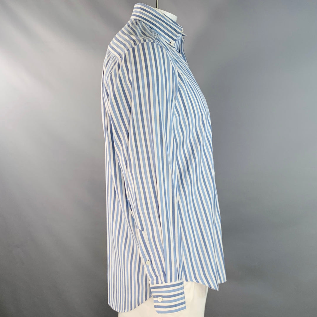 LORO PIANA Size XL Blue White Stripe Cotton One Pocket Long Sleeve Shirt