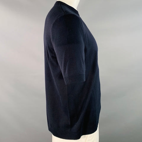GUCCI Size XL Navy White Logo Silk Cotton Short Sleeve Crew Neck Pullover