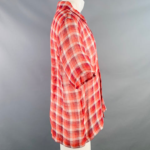 OUR LEGACY Size M Red White Plaid Linen One Pocket Short Sleeve Shirt