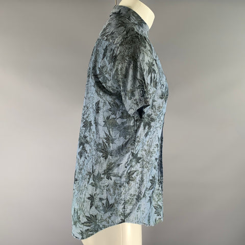JOHN VARVATOS Size S Blue Black & Olive Floral Cotton Short Sleeve Shirt