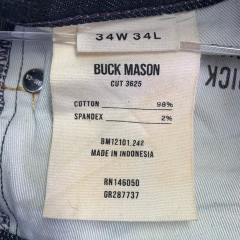 BUCK MASON Size 34 Maverick Slim Navy Contrast Stitch Cotton Blend Button Fly Jeans