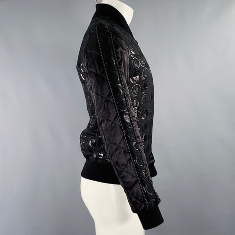DOLCE & GABBANA Taille 34 Veste Bomber en Coton Mélangé Noir à Cercles Argentés