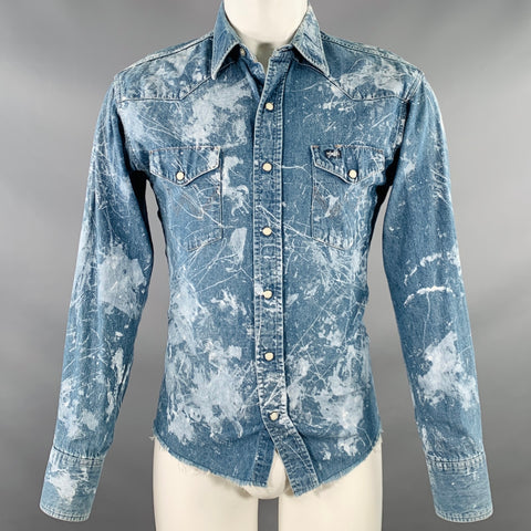 WRANGLER Size XS Blue White Denim Paint Splatter Western Raw Edge Snaps Long Sleeve Shirt