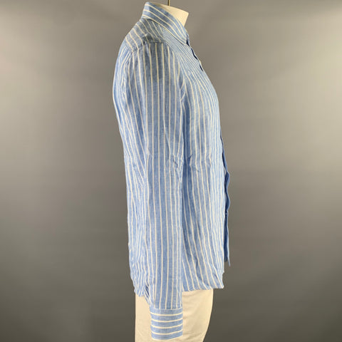 SAM MALOUF Size L Blue White Stripe Linen Pointed Collar Long Sleeve Shirt