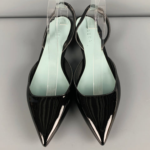 AERA Zapatos planos con correa al tobillo de charol sintético negro talla 10.5