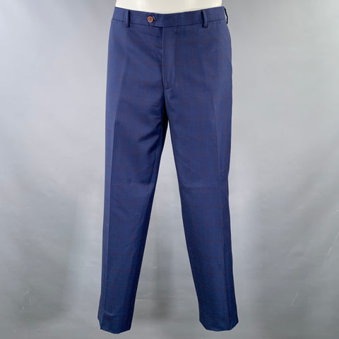 GIOVANNI BRESCIANI Size 46 Regular Blue Rust Window Pane Wool Suit