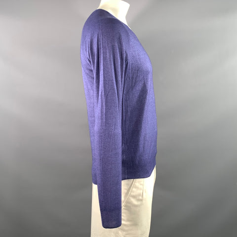 PRADA Size L Blue Knitted Wool  Silk V-Neck Pullover