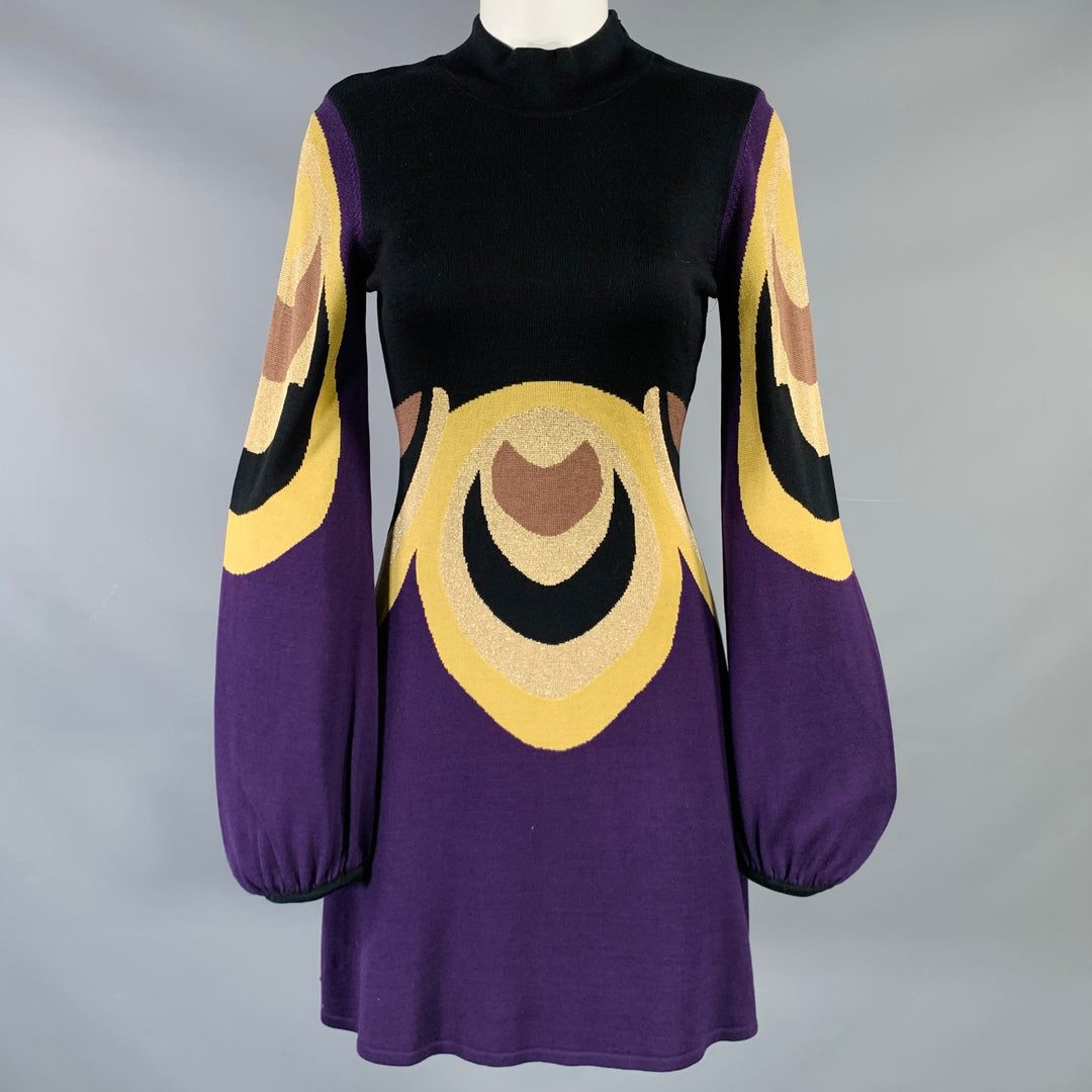 TEMPERLEY Size 6 Black Gold Silk Blend Abstract Bishop Sleeve Above Knee Dress