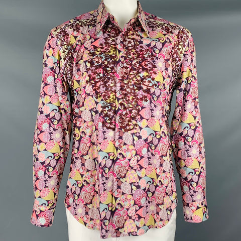 ROBERT GRAHAM Talla XL Camisa de manga larga de algodón con estampado multicolor morado