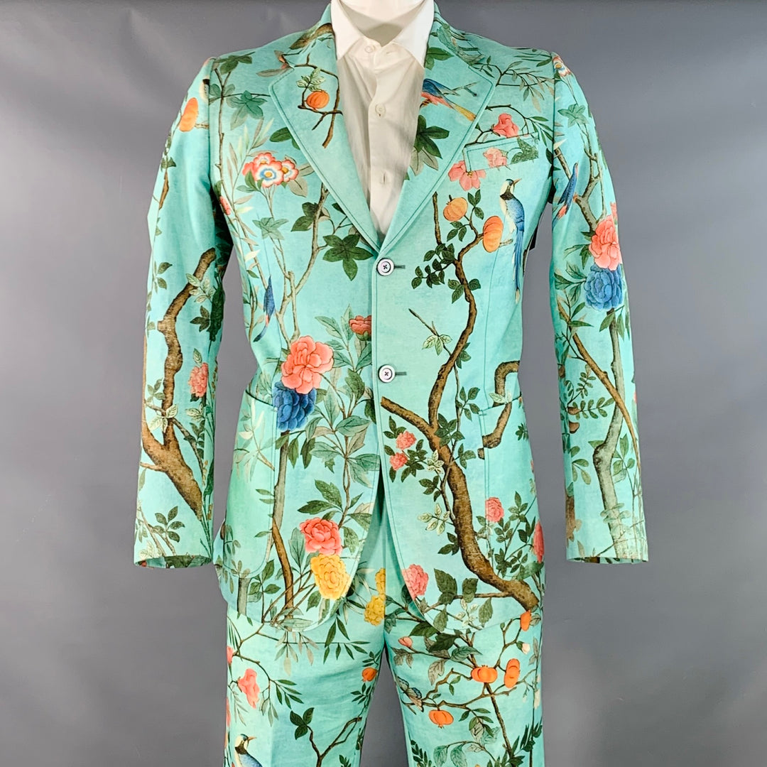 GUCCI SS16 Size 42 Green Multi Color Floral Cotton Slim Fit Notch