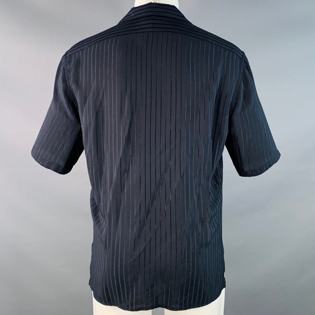 SAINT LAURENT Size S Navy Stripe Silk Camp Short Sleeve Shirt