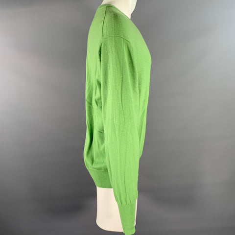 TURNBULL & ASSER Size XL Green Knitted Cashmere V-Neck Sweater
