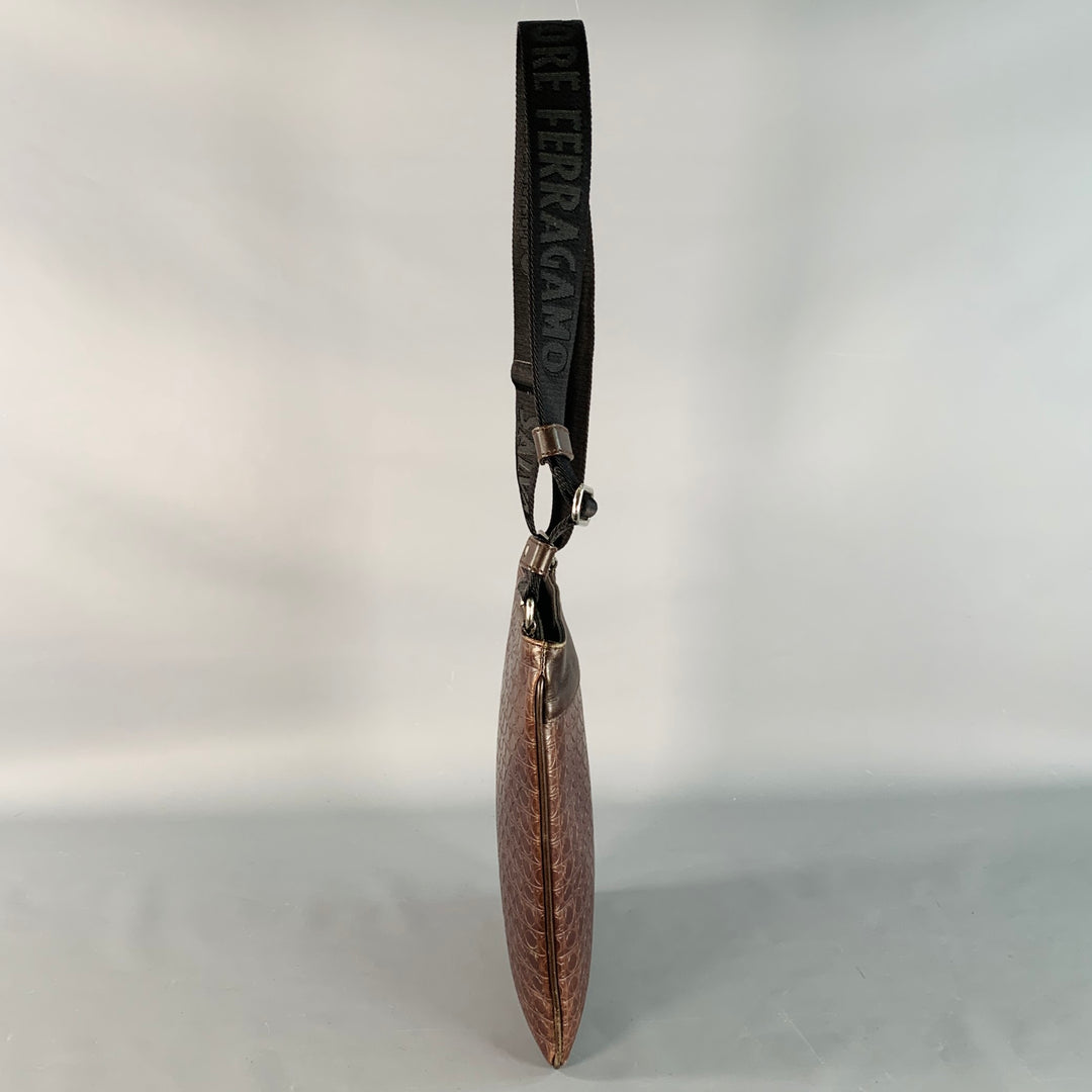 SALVATORE FERRAGAMO One Size Brown Black Leather Nylon Embossed Logo Crossbody Bag