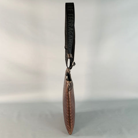 SALVATORE FERRAGAMO One Size Brown Black Leather Nylon Embossed Logo Crossbody Bag
