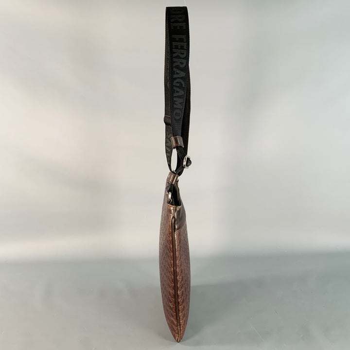 SALVATORE FERRAGAMO One Size Brown Black Leather Nylon Embossed Logo Crossbody Bag