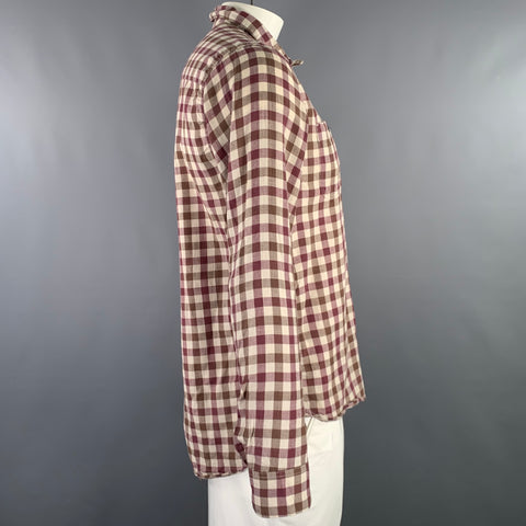 ALBAM Size L Burgundy Brown Checkered Cotton Wool Long Sleeve Shirt