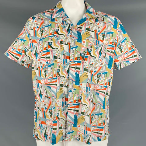 J CREW Size L White Multi Color NYC Print Cotton Camp Short Sleeve Shirt