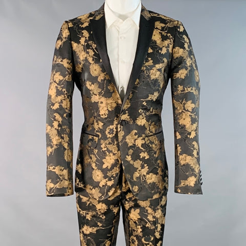 PAISLEY & GRAY Size 40 Regular Black Tan Floral Polyester Jacquard Slim Fit Suit