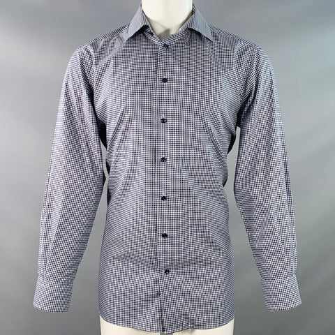 Chemise homme ETON en coton à carreaux vichy marine et blanc, manches longues, coupe cintrée, col cutaway, taille M