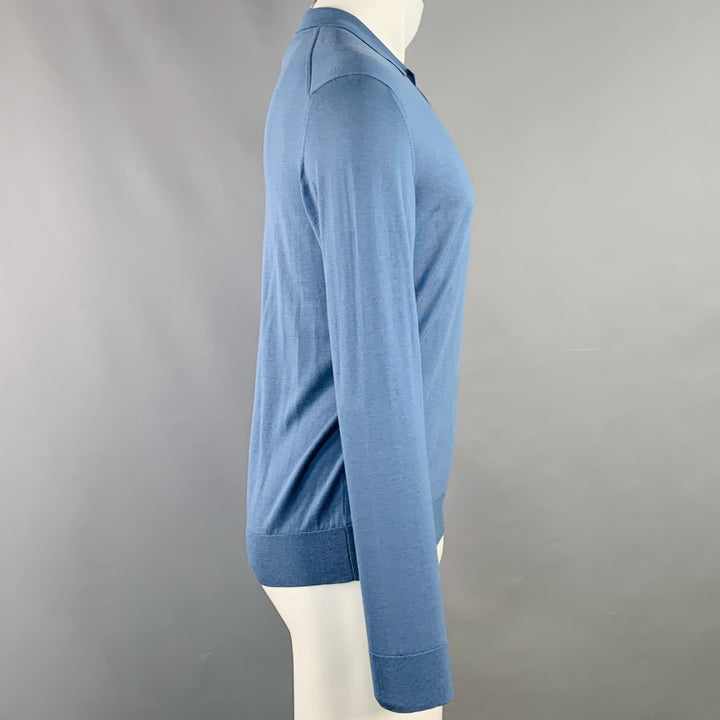 LANVIN Size M Blue Silk Jersey Long Sleeve Polo