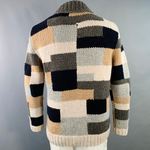 BARENA Size XL Grey Tan Brown Patchwork Virgin Wool Shawl Collar Cardigan