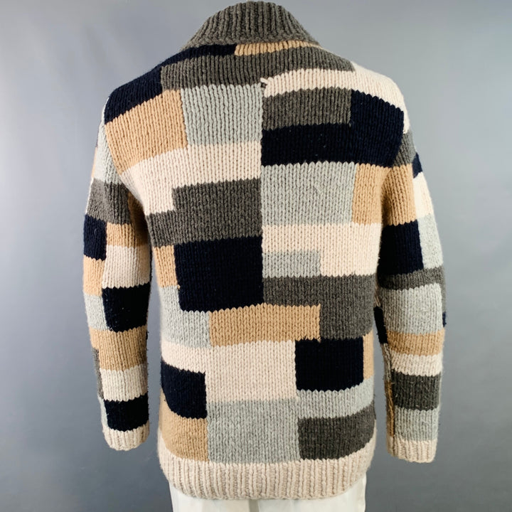 BARENA Size XL Grey Tan Brown Patchwork Virgin Wool Shawl Collar Cardigan