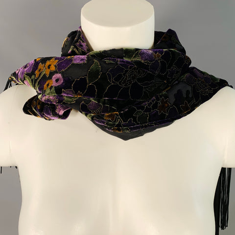 VINTAGE Black Purple Floral Burnout Velvet Fringe Scarf