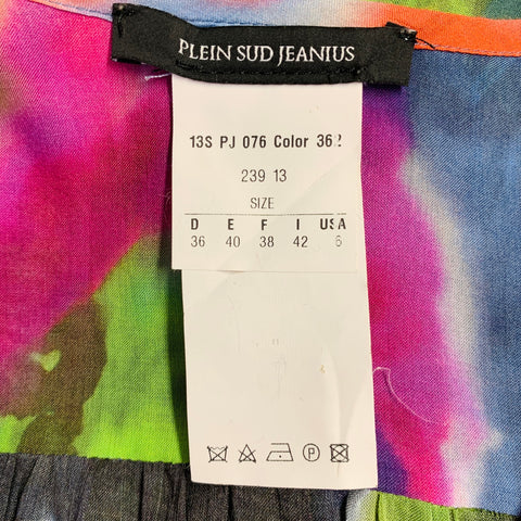 PLEIN SUD Size 6 Multi Color Silk Tie Dye V-Neck Peasant Blouse Casual Top