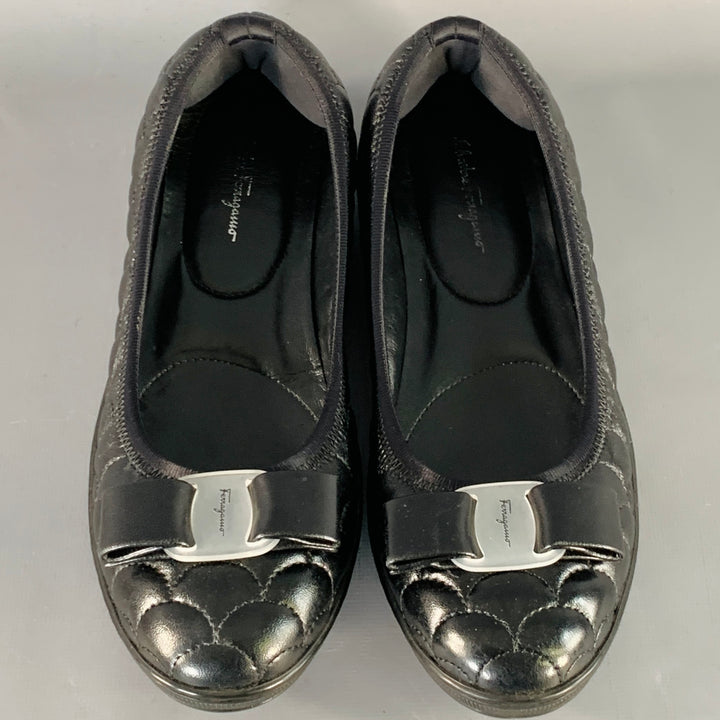 SALVATORE FERRAGAMO Size 7 Savina Black Quilted Leather Bow Flats
