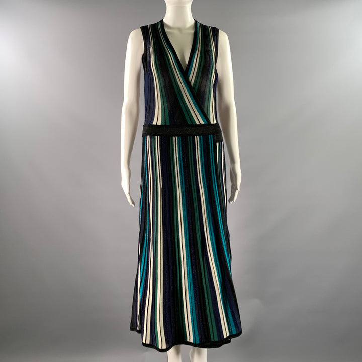 DIANE VON FURSTENBERG Size M Black Green Silk Blend Stripe Wrap Mid-Calf Dress