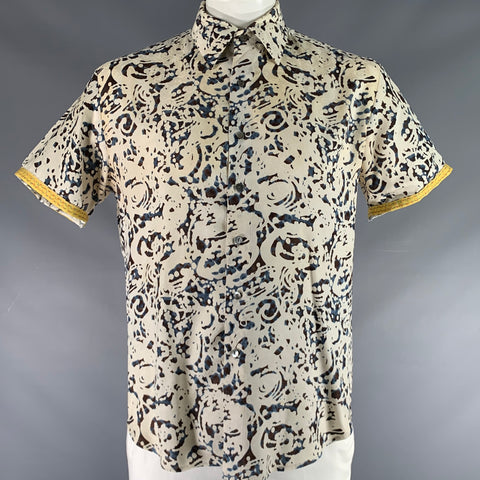 ROBERT GRAHAM Size L Beige Blue & Black Print Silk Button Up Short Sleeve Shirt