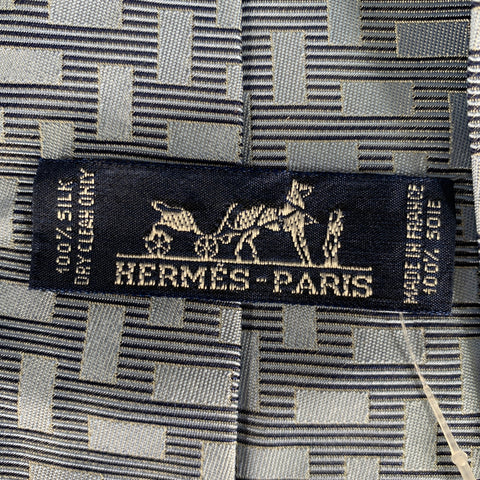 HERMES Navy Light Blue Geometric Silk Tie