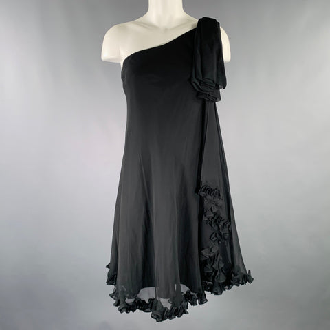MARCHESA NOTTE Size 4 Black Silk Ruffled One Shoulder Cocktail Dress