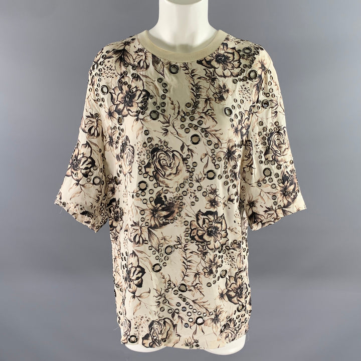 PHILLIP LIM Size 6 Cream Silk Floral Grommet T-Shirt