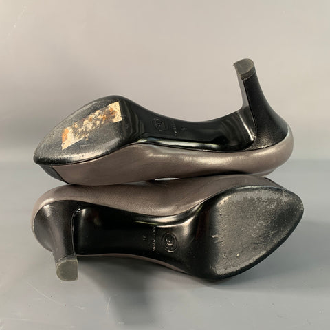 CHANEL Size 6 Grey Black Leather Cap Toe Pumps